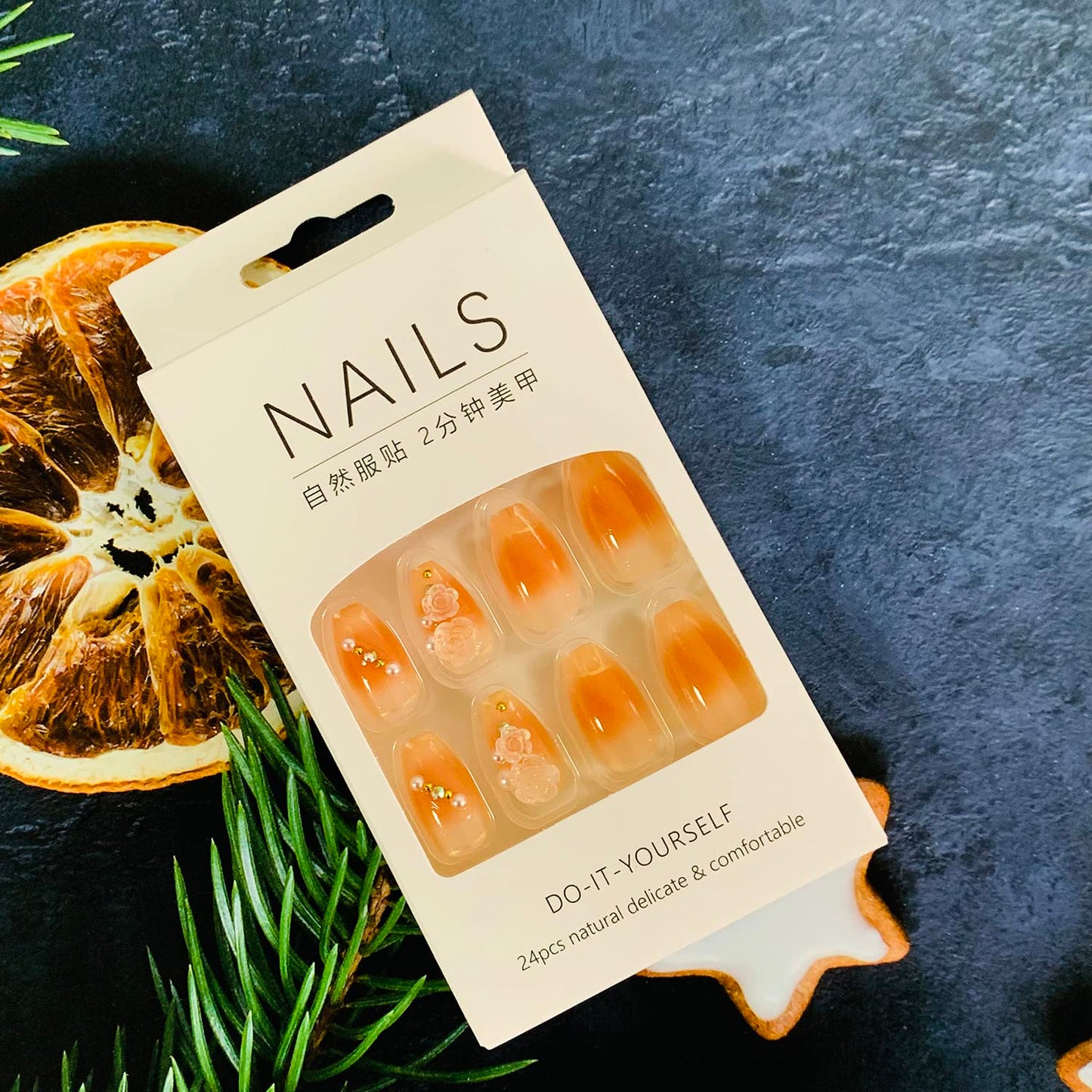 24Pcs Artificial Acrylic Fake Nails with 3D Clear Flower Designs, Press on Nails Square Medium Length, Full Cover Reusable Coffin False Nails, Women Glue on Nails Set, Stick on Nails for Nail Art