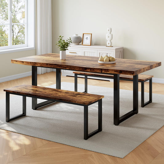 HIPIHOM 63" Dining Table with 2 Benches, Modern Kitchen Table and Chairs Set for 4 to 6 Persons, Thickened MDF Wooden Table for Dining Room, Kitchen