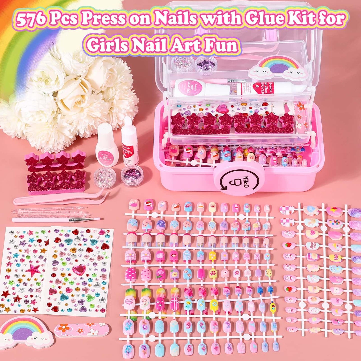 576 Pcs Kids Nails and Glue, Girls Press ons Nail Art Kit with Storage Case, Fake Nails Adhesive, Remover, Rainbow Nail File, Cute Stuff Girls Gift for Kids Age 8-12