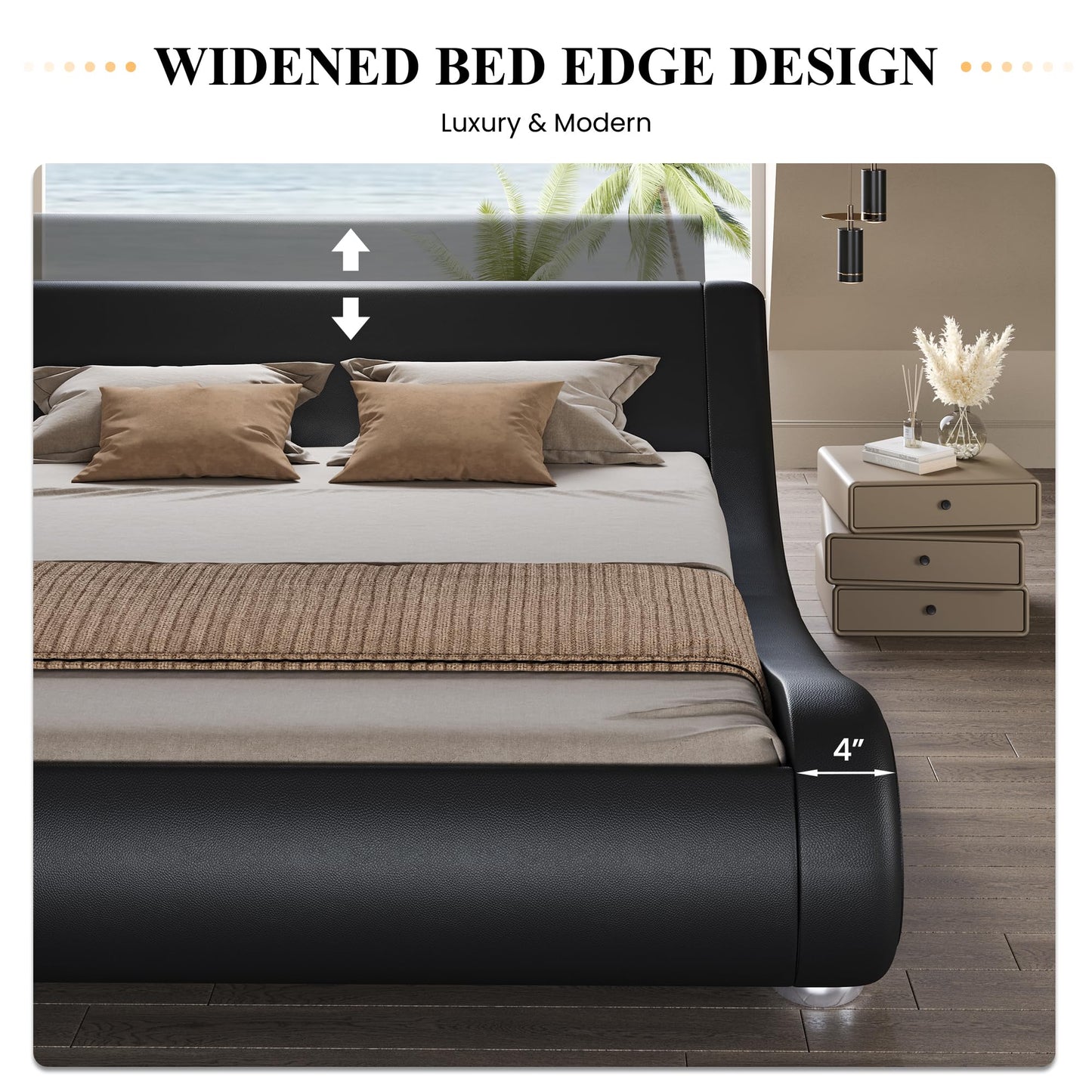 SHA CERLIN King Size Upholstered Bed Frame, Deluxe Low Profile Sleigh Bed with Faux Leather Ergonomics Headboard, No Box Spring Needed & Easy Assembly, Black