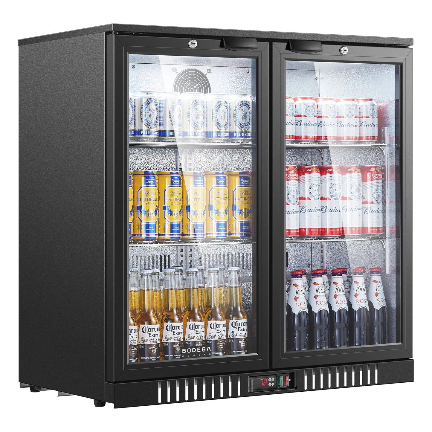 BODEGACOOLER Back Bar Cooler with 2 Doors Under Counter ,7.4cu.ft Glass Door Bar Refrigerator with LED Lighting,Black Bar Cooler,Built-In or Under Counter Freestanding Hold 68 bottles or 220 cans