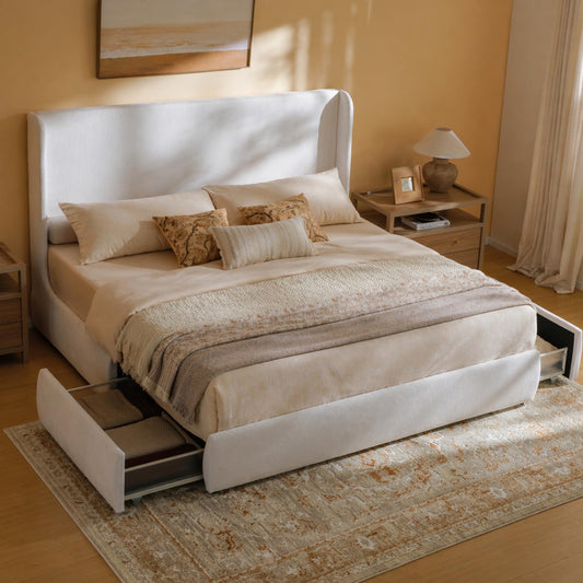 RECCI King Upholstered Wingback Bed Frame with Storage Drawers, 52” Tall Cushioned Headboard, Soft Edges, Low Profile Platform Bed, Sturdy Wood Slats, No Box Spring Needed, Ivory White Canvas