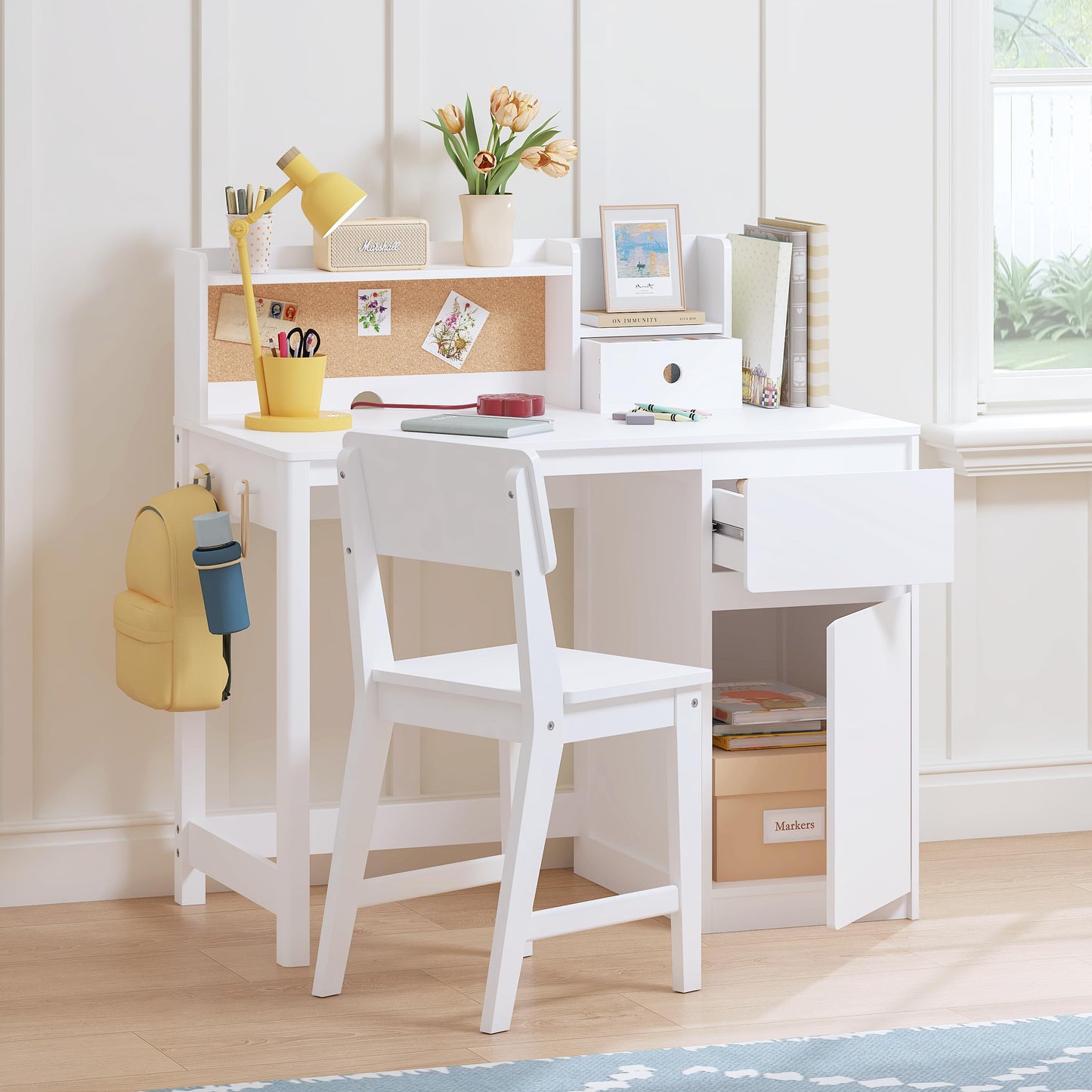 UTEX Kids Desk and Chair Set, Kids Study Desk with Hutch for 5-12 Years Old, Children Wooden Study Table, Student Writing Table Computer Workstation