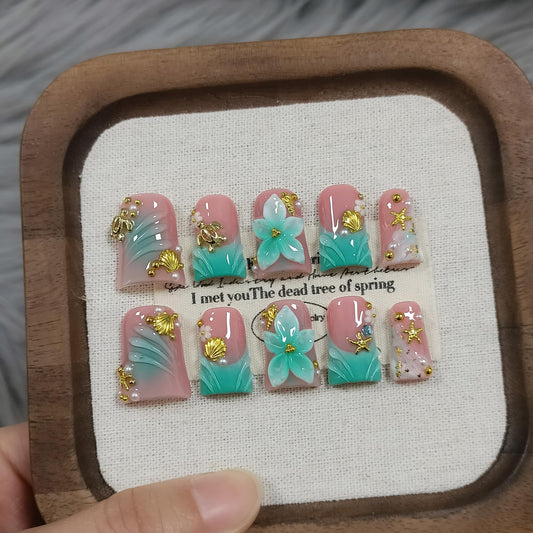 TENPAL Duckbill Press on Nails - Ocean 3D Floral Teal Blushing Ombre Design | Icy Glossy Duck Fake Nails with Handmade Carving | Mermaid Y2K Style Glue on Nails for Resort Vacation(M)