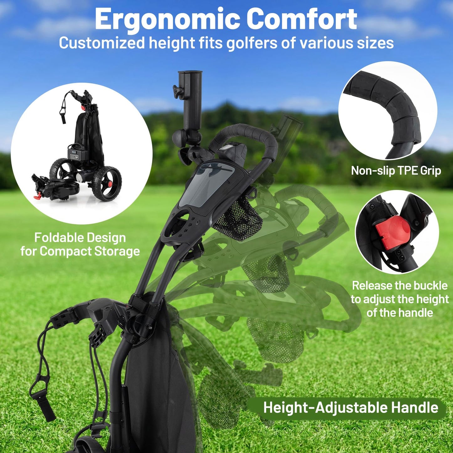 Tangkula Electric Golf Push Cart, Foldable 3 Wheels Golf Cart with Adjustable Handle & 9 Speed Settings, 18 Hole Battery, Umbrella Holder, Drink Holder, Scorecard Holder, Cooler Bag & USB Port, Black