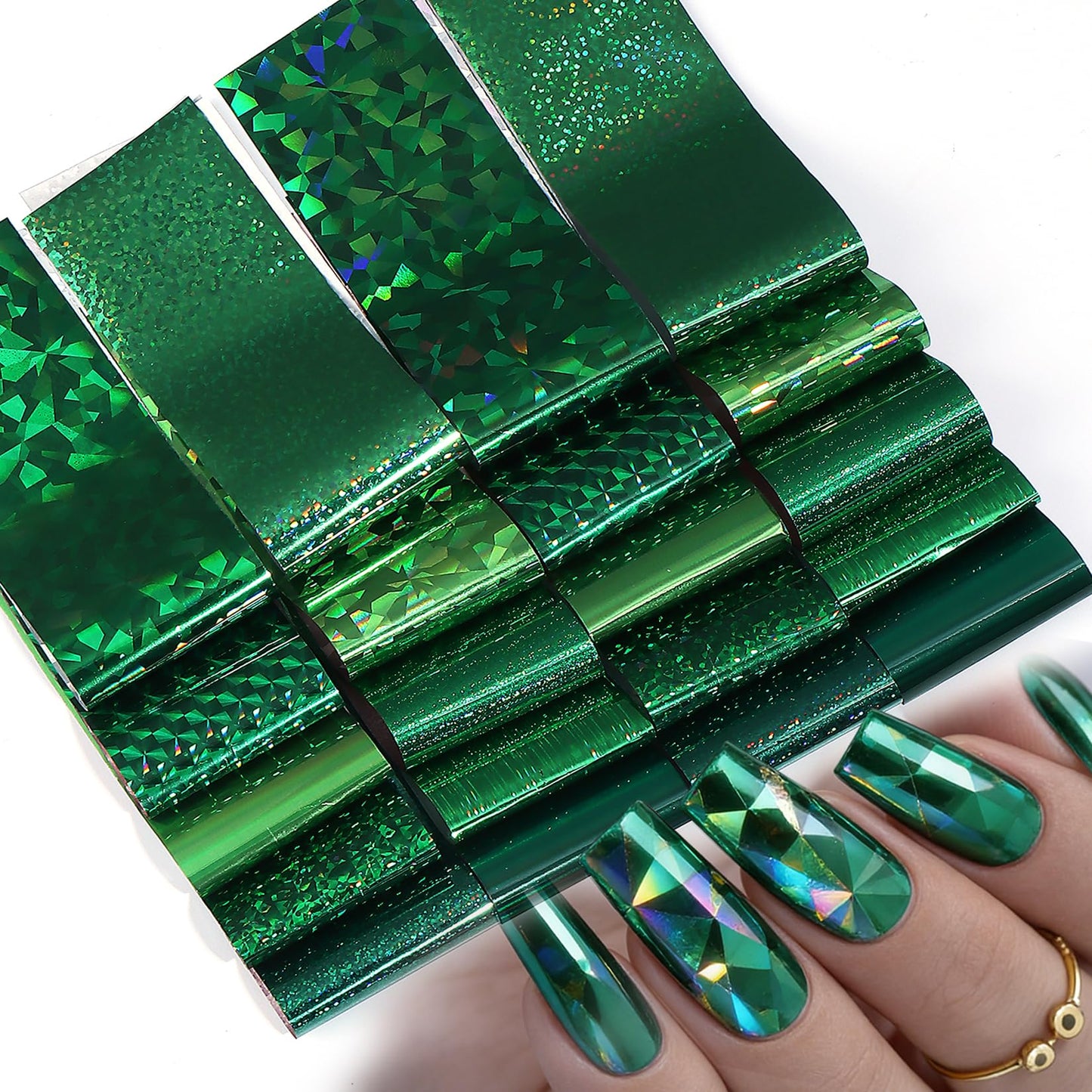 Green Holographic Nail Foil Transfer Nails Art 20PCS St. Patrick's Day Nail Foil Sheets Laser Geometric Iridescent Green Nail Design Stickers Decals DIY Starry Paper Manicure Supplies