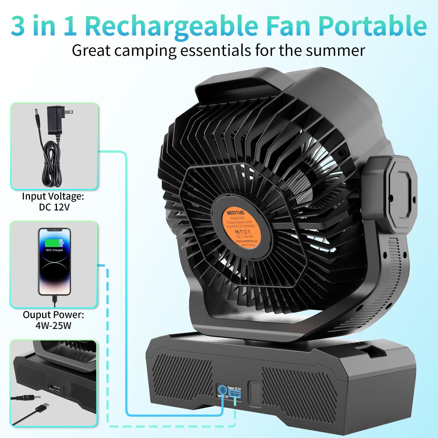WESTTREE Battery Powered Fan Powerful Airflow Battery Operated Air Circulator Fan for Bedroom,Quiet & 360°Auto Oscillating Rechargeable Camping Fans with LED Light (RGBW) X66 Black