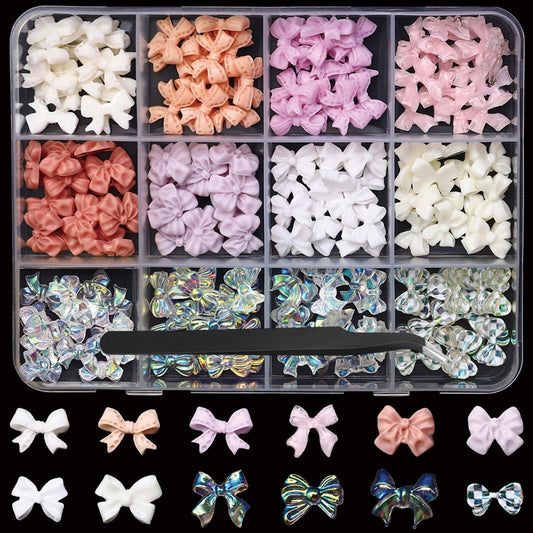 Bow Nail Charms 3D Resin Pink White Nail Gems Cute AB Crystal Bowknot Nail Jewels Shiny Bowknots Nail Art Supplies for Women DIY Acrylic Nail with Tweezers 12 Grids 1 Box 12 Styles