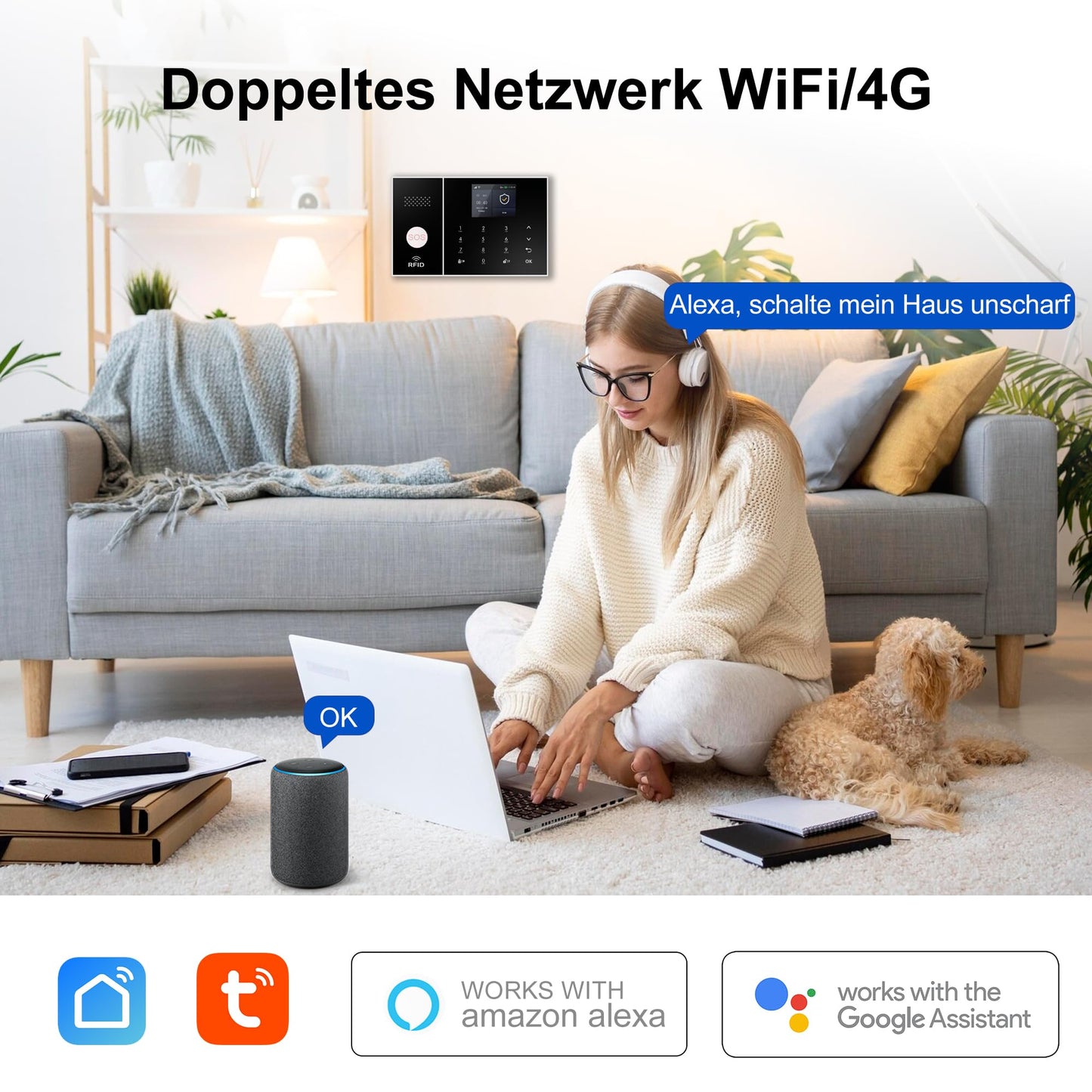 XUK Smart Home Security System,4G/GSM &WiFi Wireless Alarm Kit with Door/Window Sensors,PIR Motion Detectors,App Remote Control,Compatible with Alexa &Google Home,Easy Installation(24pcs Set)