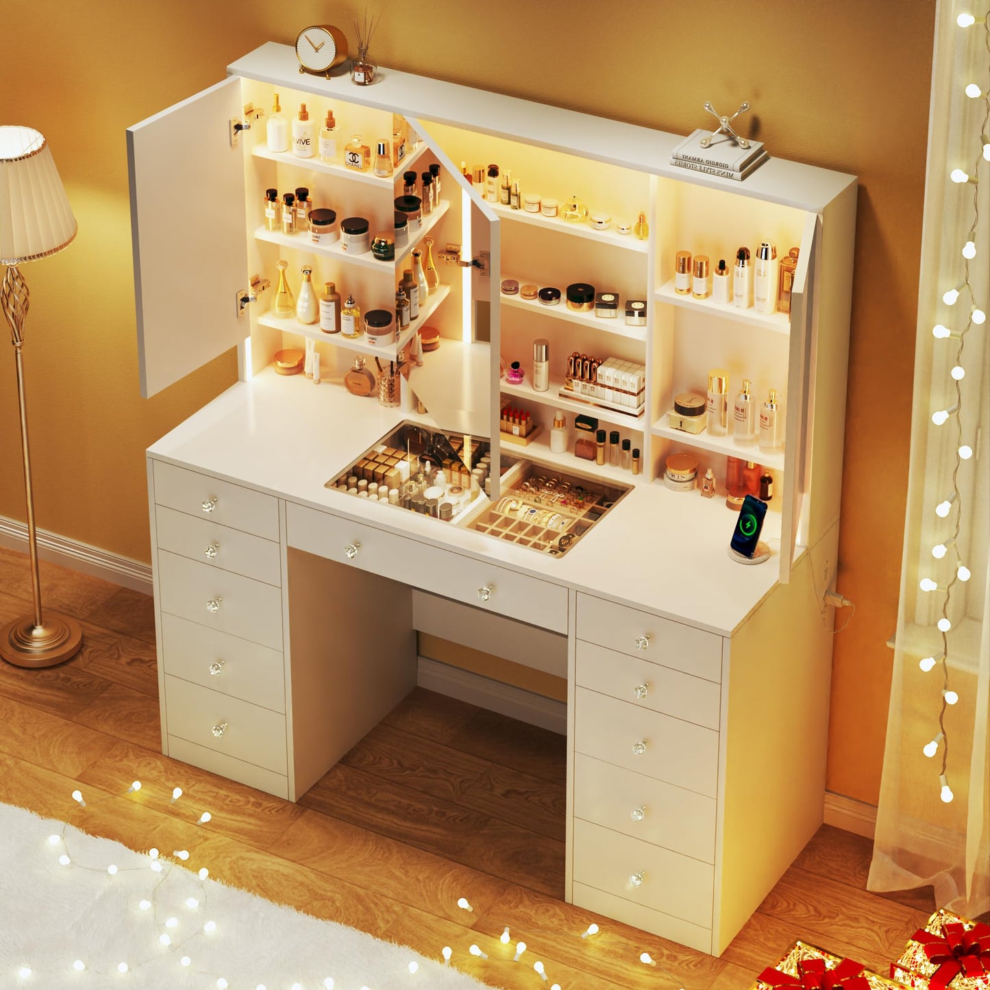 HUAHUU 50'' Glass Top Makeup Vanity with 11 Drawers, White Vanity Desk with Large LED Mirror & Lights, Built-in Charging Station & 3 Light Modes, Brightness Adjustable, 8 Hidden Shelves, White