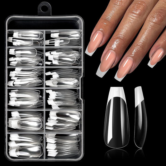 Bellelfin White French Tip Press on nails Long Coffin Fake Nails, 120PCS Coffin Nail Tips Long French Tip Nails, Clear Acrylic Press on Nail Full Cover False Nail