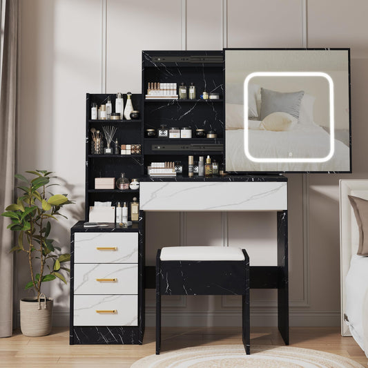 Vanity Desk with Mirror and LED Lights, Makeup Vanity Desk with Sliding Mirror, Power Outlet, 3 Color Adjustable Light, Dressing Table with 4 Drawers, Storage Shelves & Stool for Bedroom