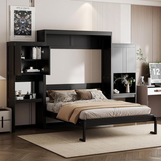 Ball & Cast Murphy Bed Queen Size,Wood Storage Hide Cabinet Wall Beds with Desk and Vanity,Space-Saving Bedroom Furniture w/Cabinets & Mirror,can be Folded for Home Office,Study,Guest Room,Espresso