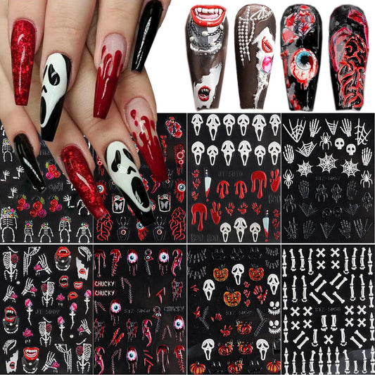 8Sheets Halloween Nail Stickers for Nail Art 5D Embossed Skull Ghost Nail Decals Self-Adhesive Pumpkin Spider Bat Eyes Skeleton Designs Horror Goth Nail Art Stickers for Women DIY Manicure Decoration