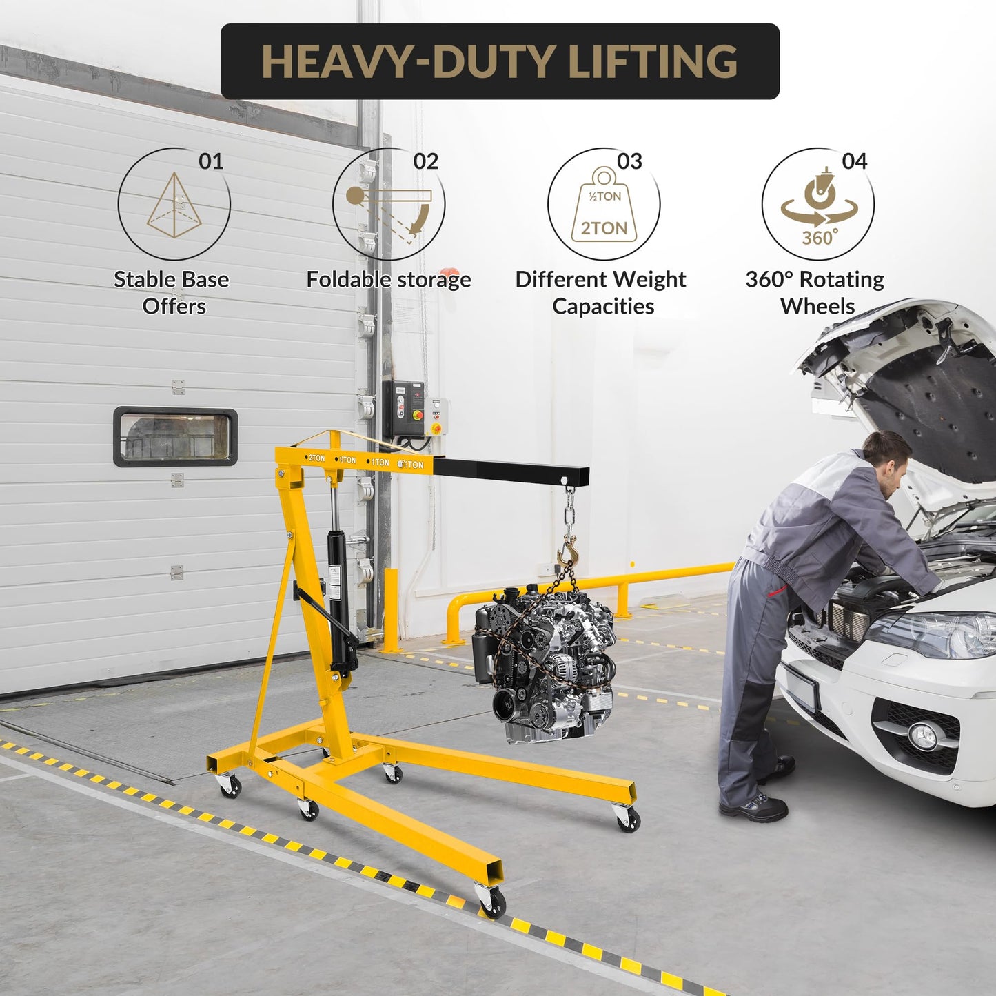 2 Ton Hydraulic Engine Hoist Cherry Picker, 4400LBS Heavy Duty Engine Lift Hoist, Foldable Hydraulic Shop Crane w/Telescopic Boom & 6 Swivel Casters for Auto Repair, Garage, Workshop, Yellow