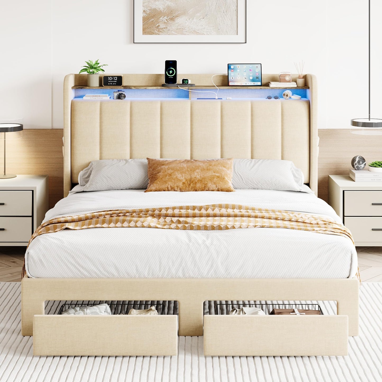 SHA CERLIN Full Size Platform Bed Frame with Vertical Channel Tufted Wingback Headboard & 2 Storage Drawers/2-Tier Shelves with LED Lights & Charging Station/Noise-Free/No Box Spring Needed/Beige
