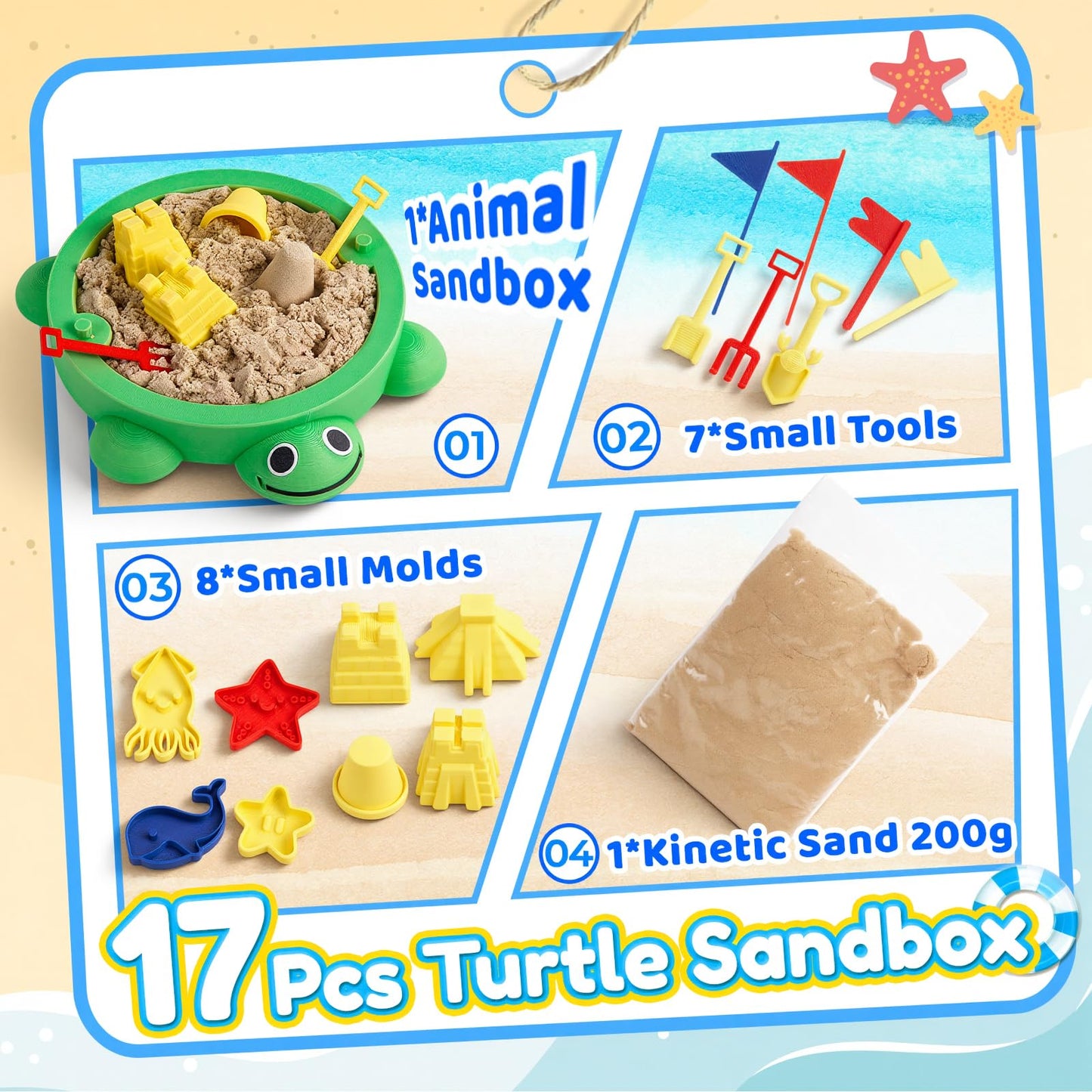 Aodomis 7.1 in Desktop Turtle Sandbox with Lid -17Pcs MINI Desk Zen Garden Kit with Varied Molds, Tools & Sand, Mini Zen Garden for Desk, Stress Relief Desk Toys Gifts for Office for Adults (Turtle)