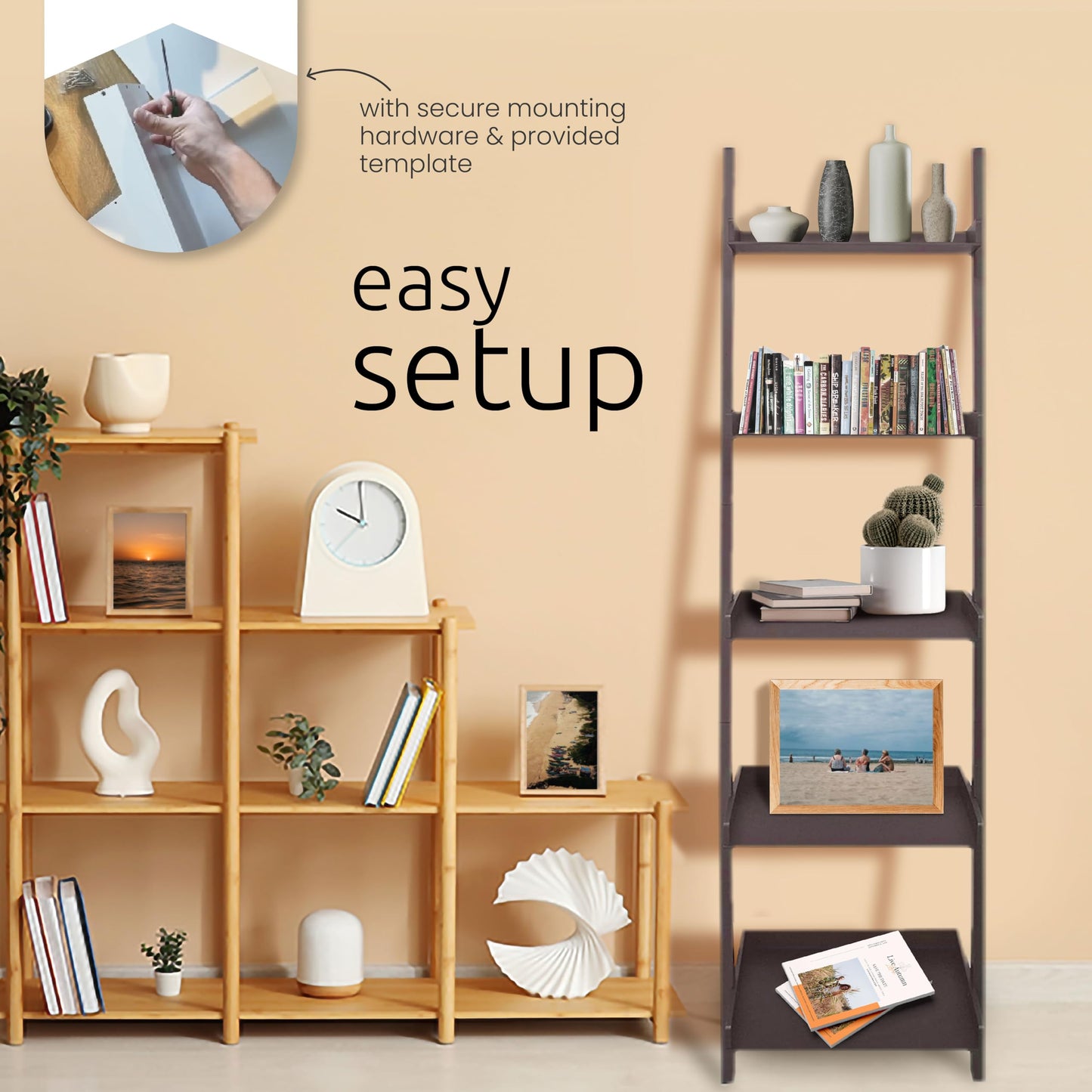 Kiera Grace Providence Hadfield 5 Tier Ladder Shelf, Leaning Bookshelf Storage Rack for Home, Office, 18" x 67", White