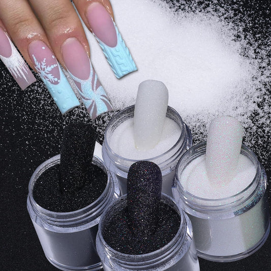 Sugar Glitter Powder for Nails, 4pcs White Black Candy Coat Effect Nail Supplies Fine Dipping Powder Shiny Shimmer Pigment Manicure Nail Glitter Dust Decoration DIY for Valentine's Day Hearts