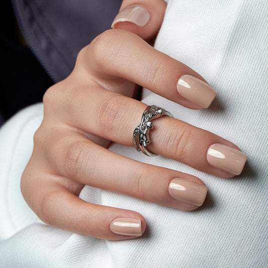 CurvLife Press on Nails Short Square Acrylic Fake Nails with Apricot Design Full Cover False Nails Glossy Nude Glue on Nails Artificial Stick on Nails for Women (Bare Bloom)