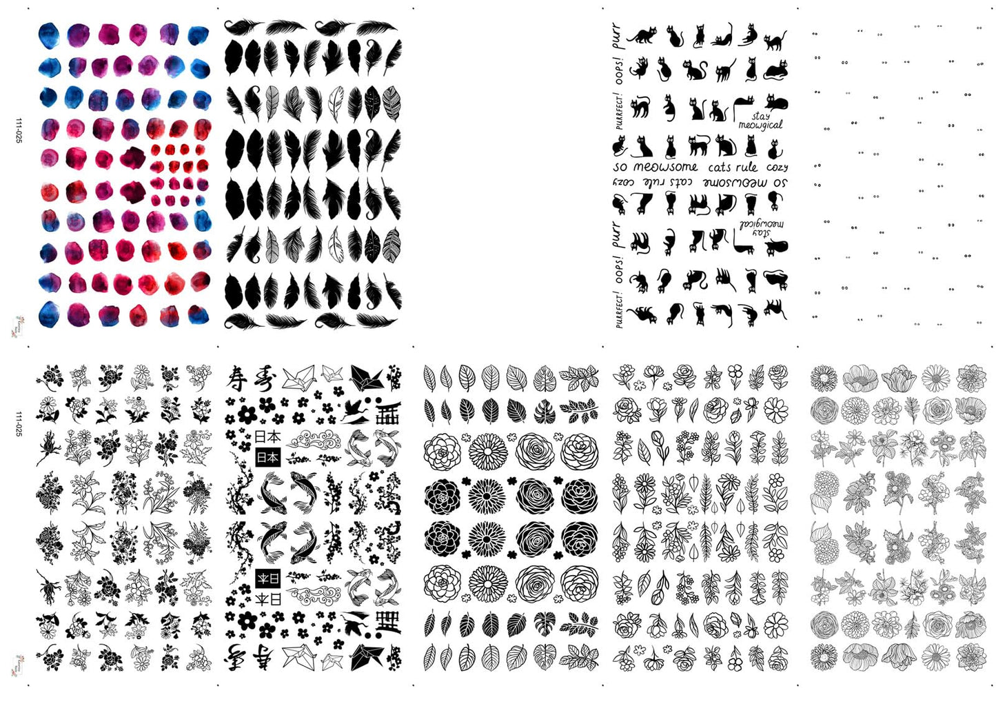 Nail Decals [10 Sheets] Monochrome Line Art Stickers Set Black White Florals Cats Symbols Watercolor dots Mixed Minimal Designs Creating Artistic Expressive Manicure Styles Stylish Modern Nail Looks