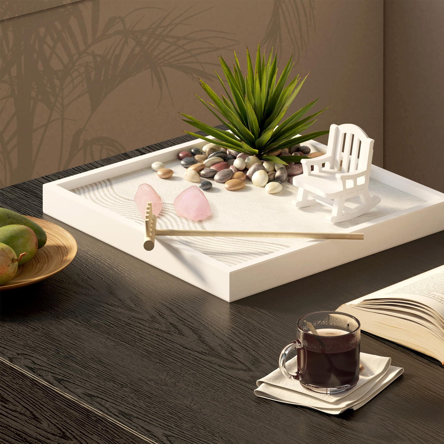 Cularve Zen Garden for Desk – White Modern Style with Healing Crystals and Sand Rake, Perfect for Home, Office, and Desktop Decor, Meditation and Stress Relief