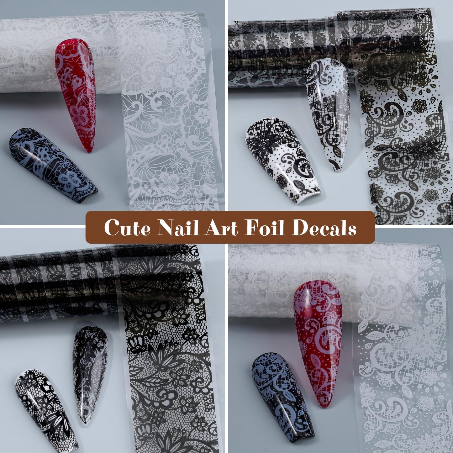 20 Rolls Lace Nail Foil Sheets, Black and White Flower Nail Transfer Foil, Nail Art Decals and Holographic Foils for DIY Acrylic Nails, Manicure Stickers and Nail Decoration for Women