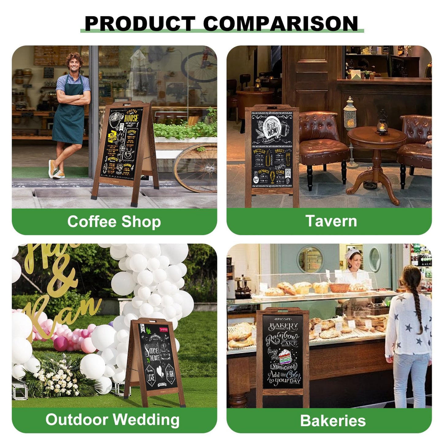 Magnetic Sandwich A-Frame Chalkboard Sign - 40 x 20 Inches, Brown Large Wooden Chalk Board for Sidewalk, Stand up Double-Sided Outdoor Easel Display for Restaurant Cafe Shop Wedding Party or Business