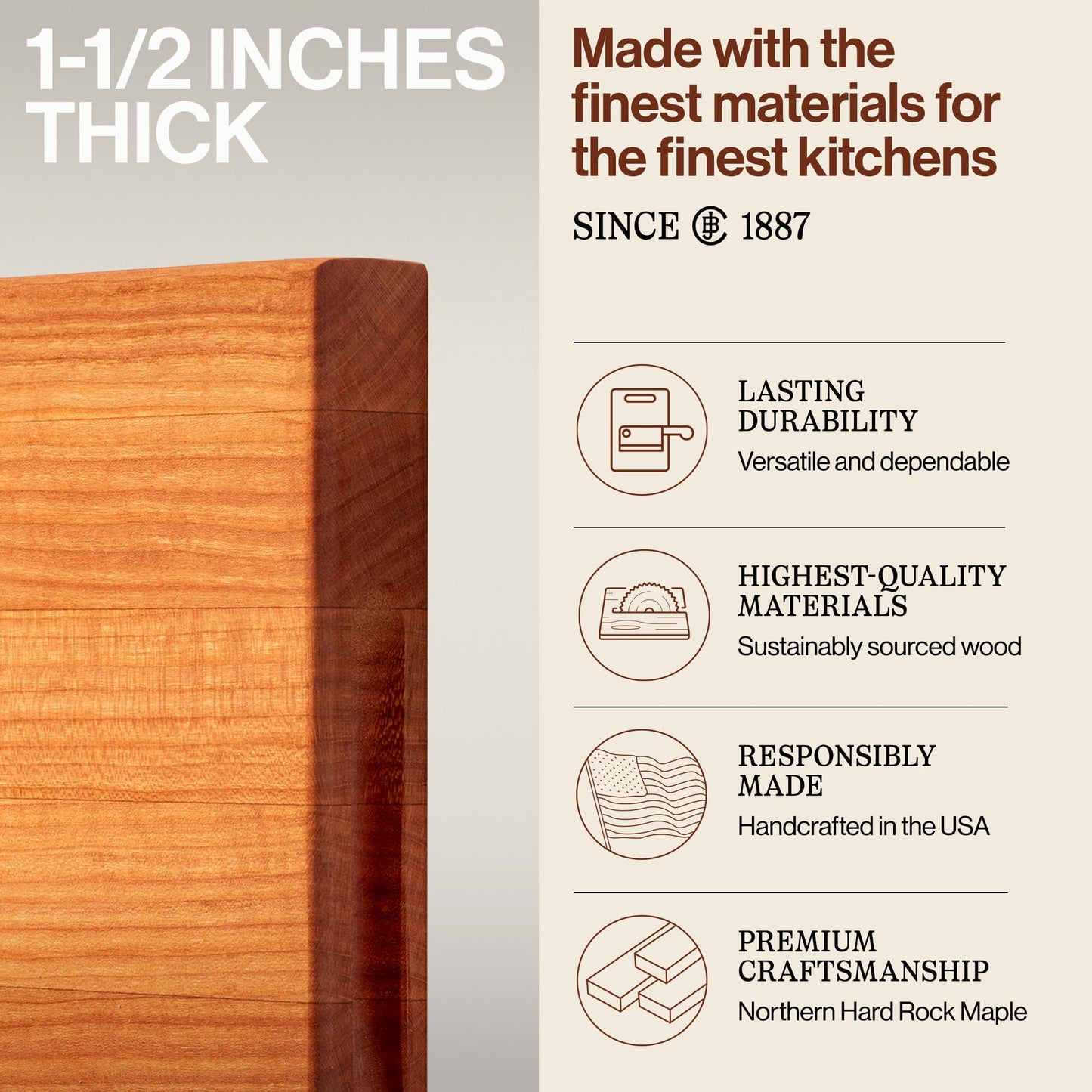 John Boos R-Board Series Rectangular Wooden Cherry Cutting Board 18”x12” – 1.5” Thick, 7-lb Reversible Butcher Block with Edge-Grain & Finger Grips – Made in the USA