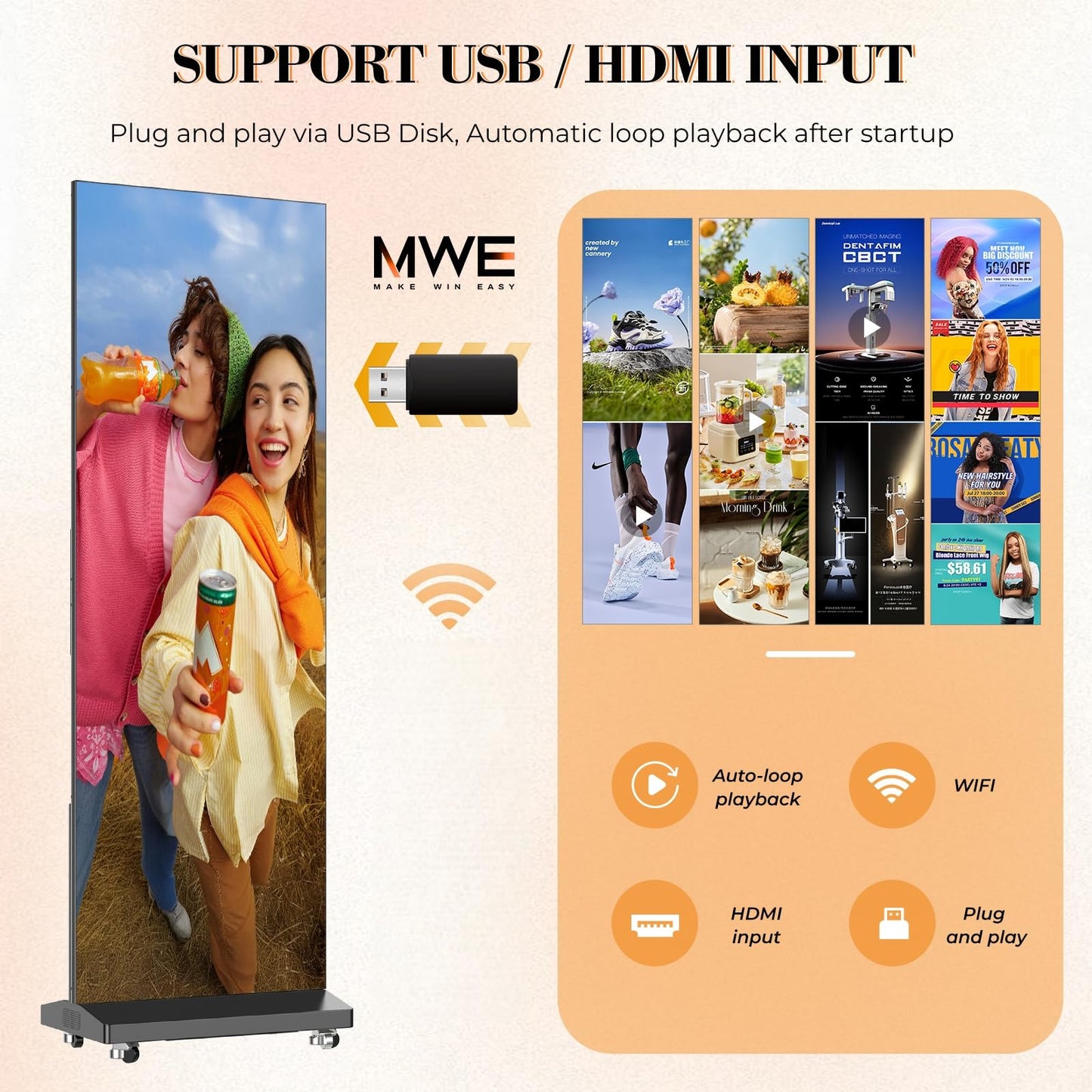 MWE P1.86 Spliceable LED Poster Screen with Flight Case, Foldable LED Digital Signage Advertising Display Kiosk with Publishing System, Portable Digital Poster for Events and Rentals (2 Panels), Black