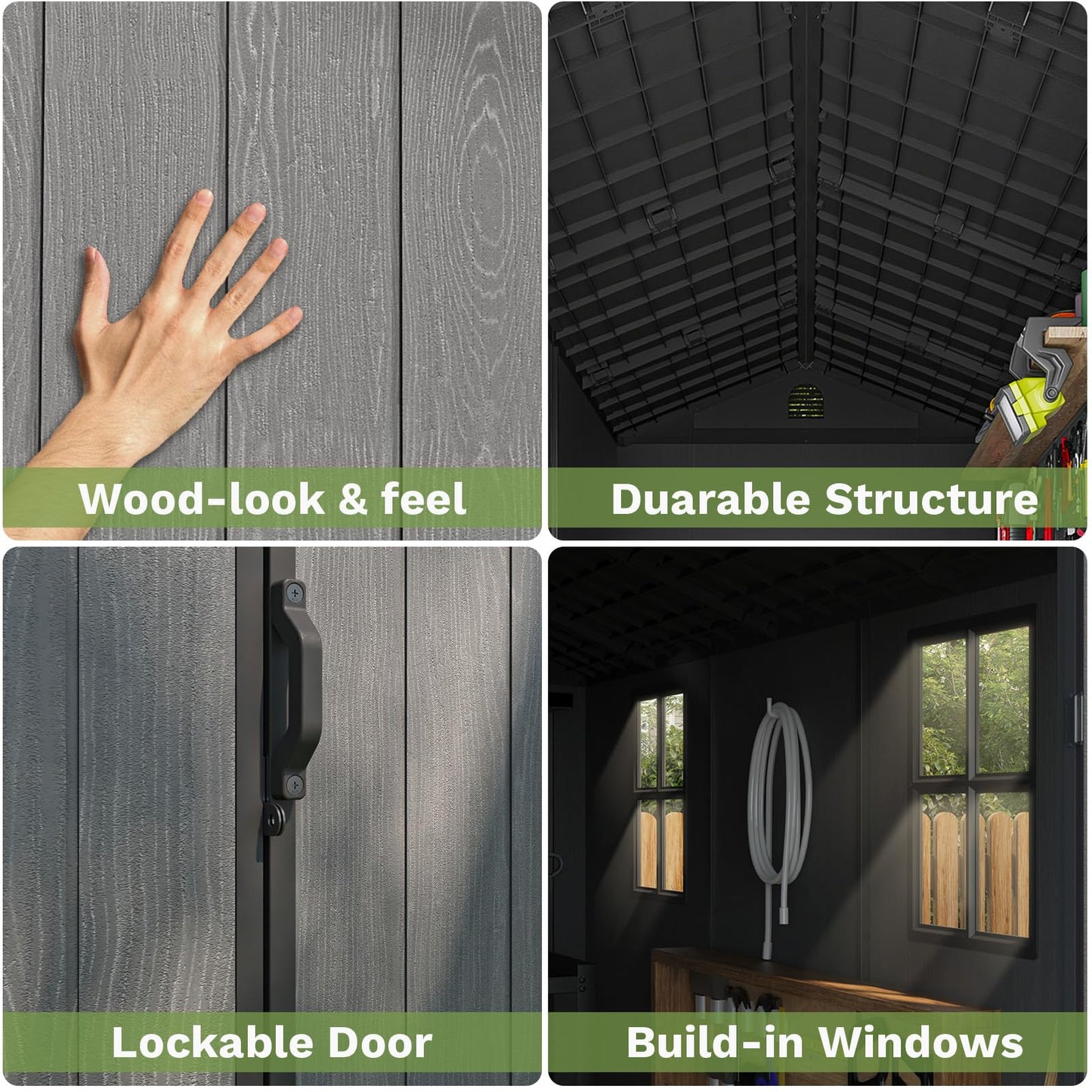 Patiowell 4 x 8 FT Plastic Outdoor Storage Shed with Floor, Garden Tool Shed with Two Windows and Single Lockable Door for Garden, Backyard, Lawn, Easy to Install, Dark Grey