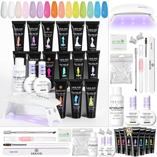 SAVILAND Hema-Free Poly Gel Nail Kit Starter: 15 Poly Gel Nail Colors for 28 Day Long-Lasting, All-in-1 Poly Nail Gel Kit with Slip Solution U V Lamp, Suitable for Trendy Nail Art Home Salon Daily DIY