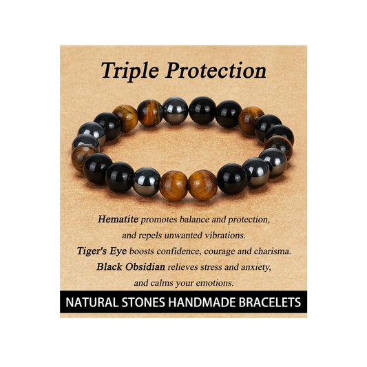 HEYOLL Hematite Bracelet Men Natural Stones Handmade Black Obsidian Bracelets Hematite Tiger Eye Bracelet Mens, Anxiety Relief Items Bracelet Gifts for Husband Brithday Gifts for Men