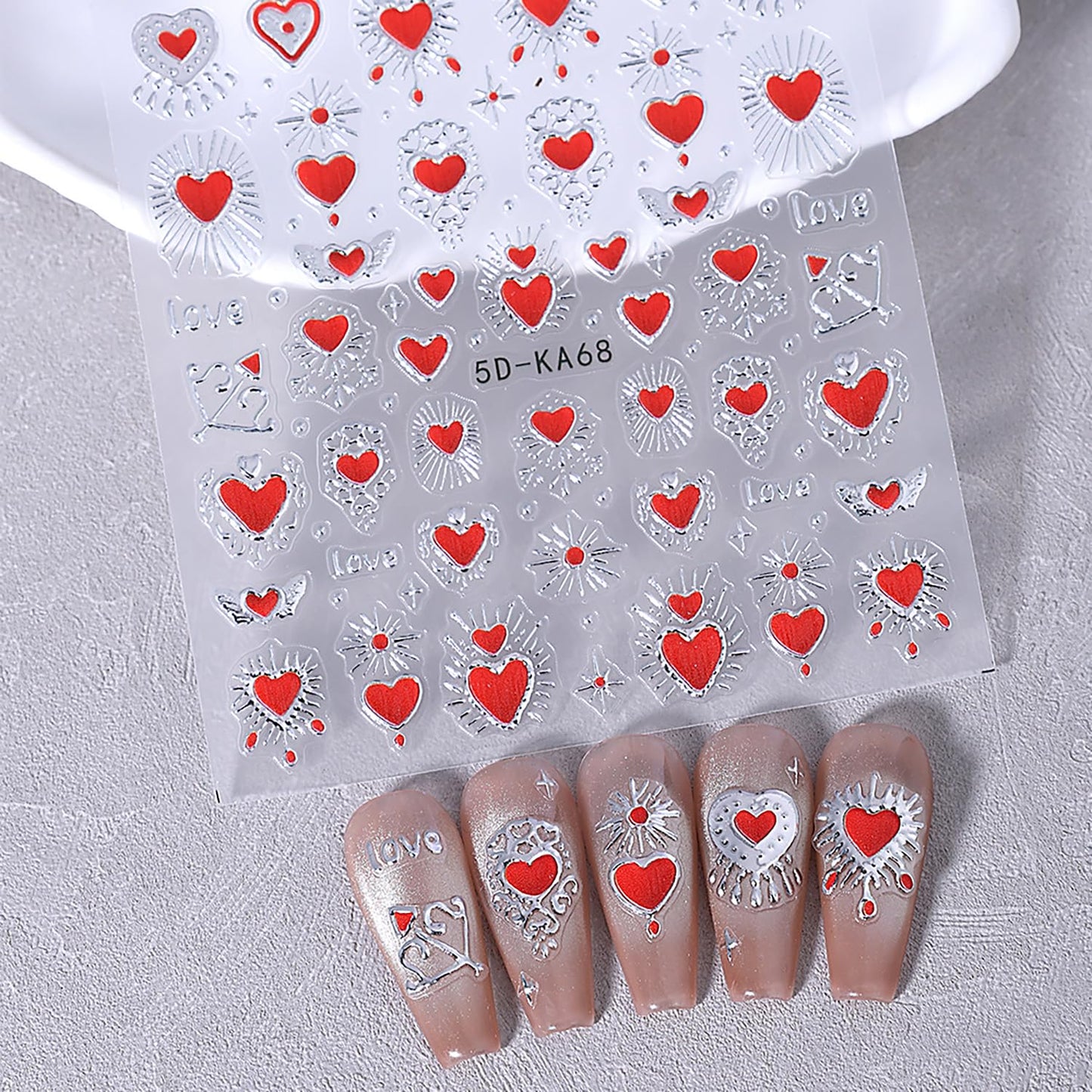 2 Sheets Red Heart Nail Stickers 3D Self-Adhesive Gold Silver Nail Decals Sun Moon Star Nail Stickers Bohemia Manicure Decorations for Women