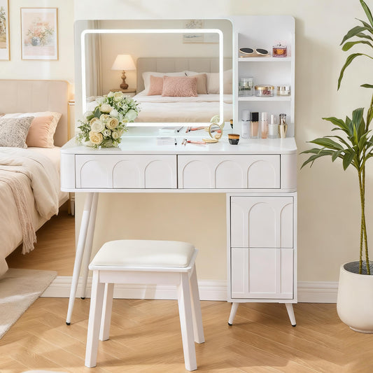 Merax Makeup Vanity Desk with Mirror and Lights, Vanity Table and Stool Set with Drawer & Movable Side Cabinet, White Dressing Table for Bedroom with LED Mirror Stepless Dimmable & 3 Color Modes