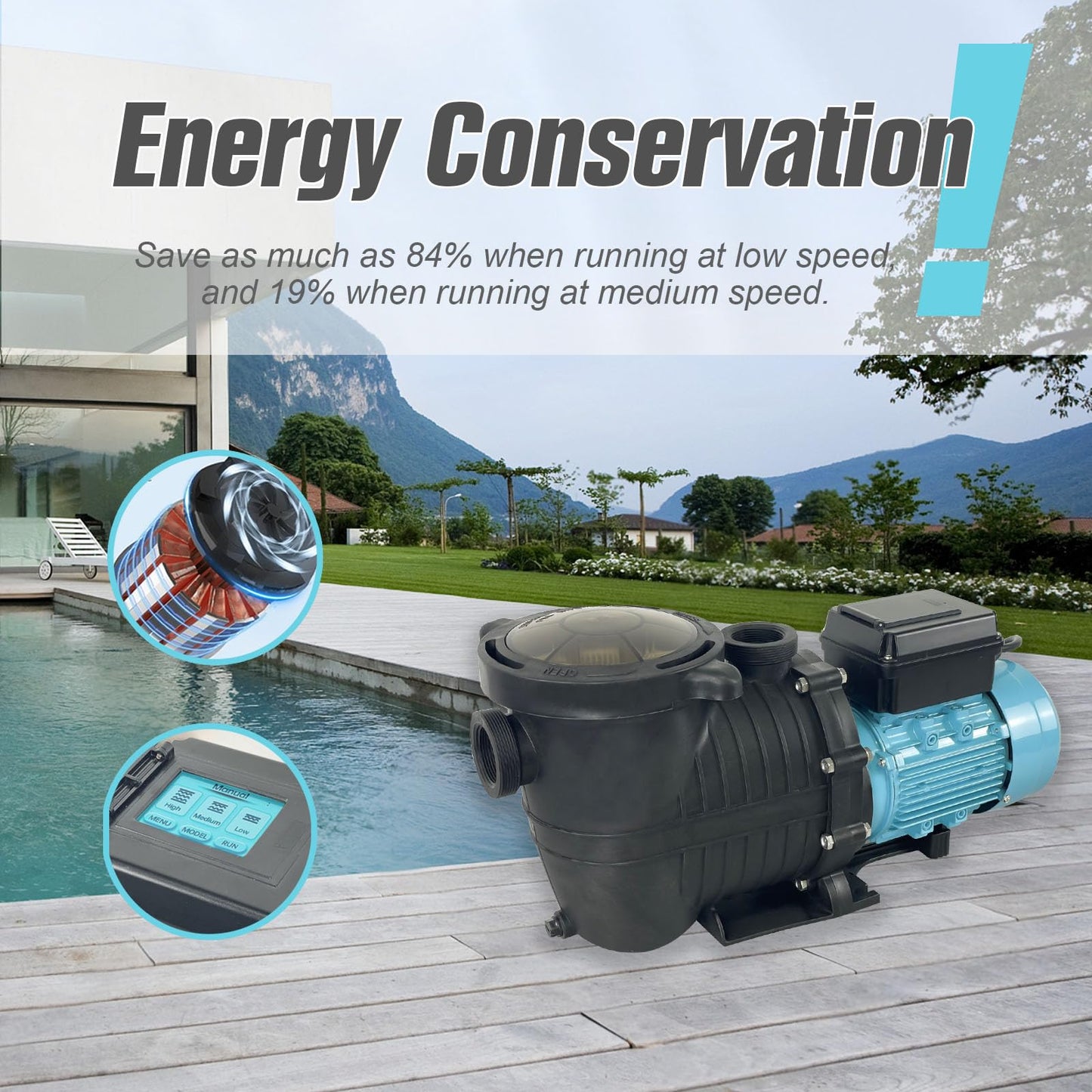 1.5 HP Variable Speed Pool Pump VS Multiple Speed Programmable Pool Pump 230Vac 5880GPH Intelligent In-ground and above ground pool Compatible with 1.5"/2.0" Pipes & 1.25/1.5" Hoses