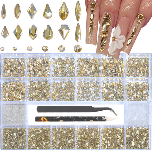 Nail Rhinestones - 3D Multiple Shape Size Gems, Champagne Gold, Manicure Beads, Pearls, Flatback Crystals Rhinestones, with Kit, for Nail Art Decor