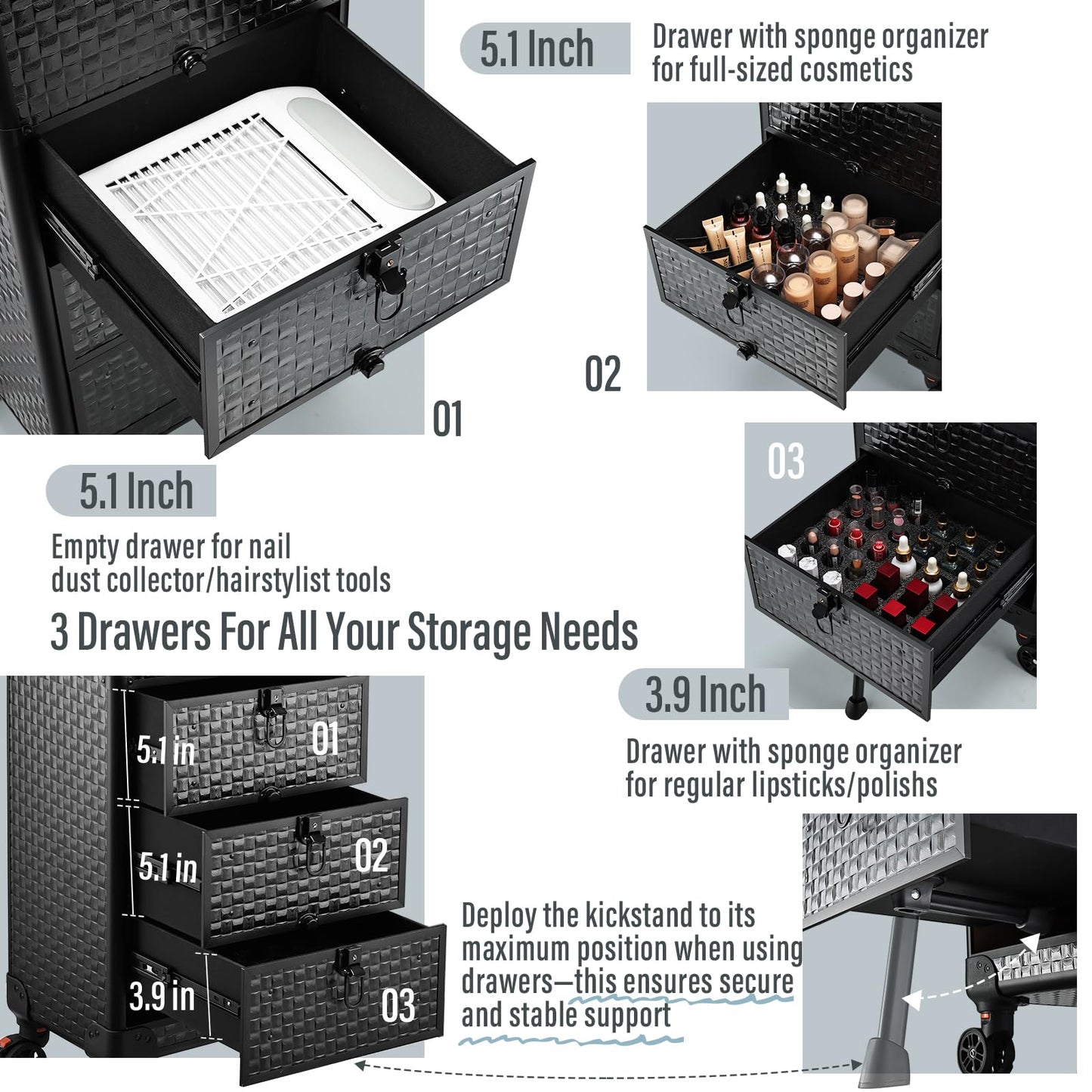 Yueieoun Salon Cart with 3 Drawers, Nail Trolley Cart with Wheels Salon Station Rolling Makeup Train Case Cosmetology Case Organizer Cases for Nail Tech,SPA,Face Painting,Hairstylist,Makeup Artist