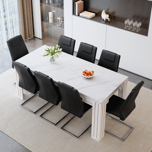 KEIKI 9-Piece Dining Table Set for 8, 71" White Faux Marble Kitchen Table with 8 Black PU Leather Chairs, Modern Dining Room Set with Silver Metal Legs, Large Rectangular Table for Home, Restaurant