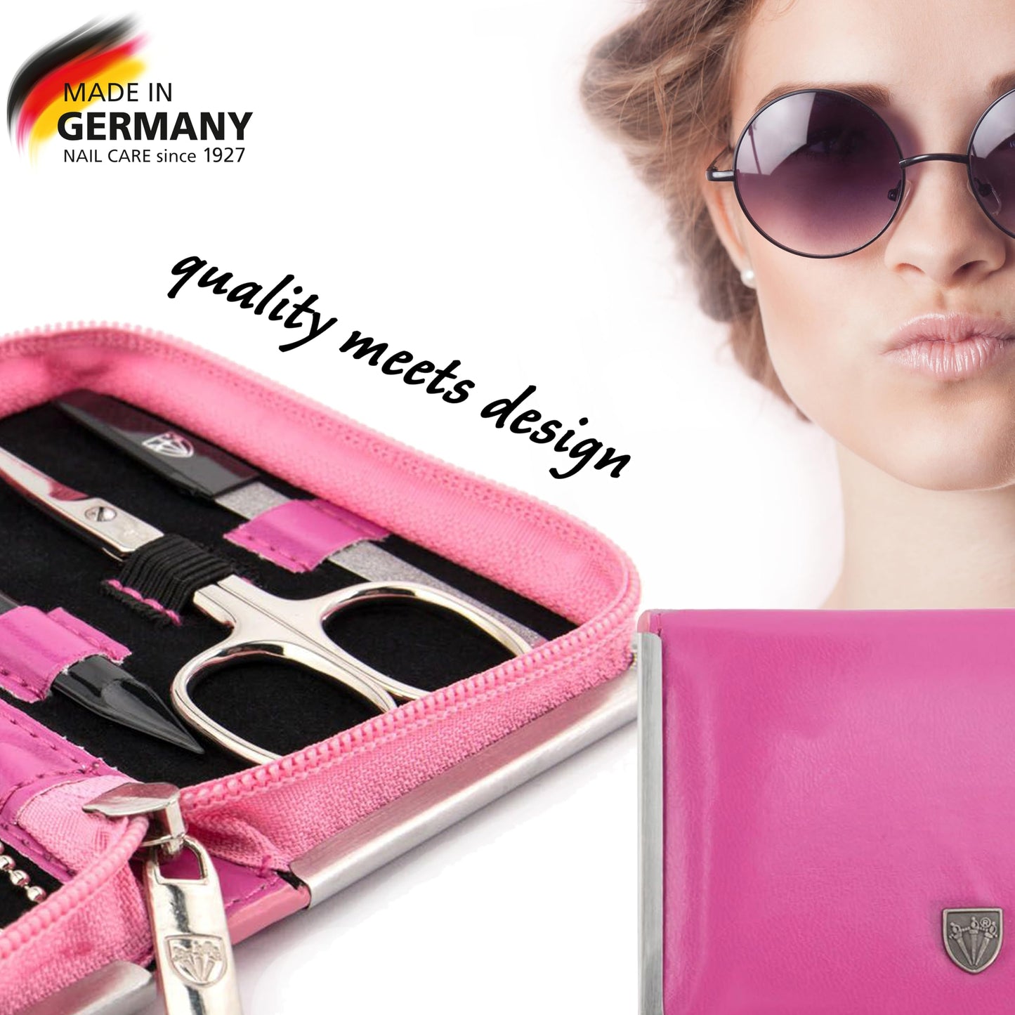 3 Swords Germany - brand quality 6 piece manicure pedicure kit set for professional finger & toe nail care with synthetic leather case - Made in Germany - pink
