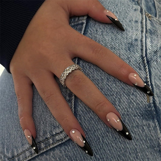 SINHOT Stiletto Press on Nails - Long Fake Nails, Glossy Finish, 3D Rhinestones & Black French Tip, DIY Artificial False Nail Art - 24 Pcs Nail Kit with Glue