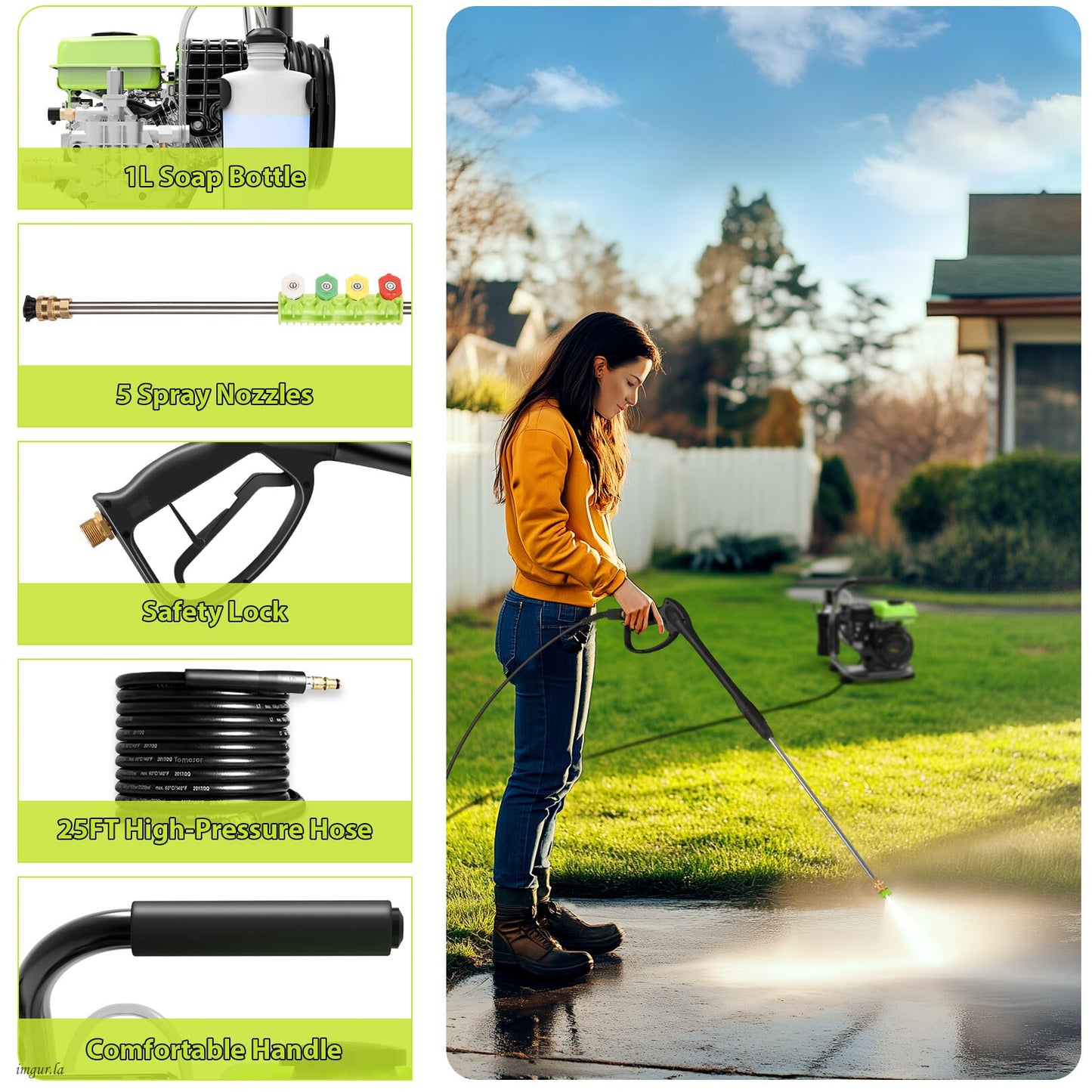 Commercial 3500PSI 2.4GPM 79.7CC Gas Pressure Washer, 2.5 HP Professional Gas Power Washer with 5 Nozzles 25FT Hose Foam Bottle for Car Fence Driveway Yard (EPA/CARB/ETL Compliant), Green
