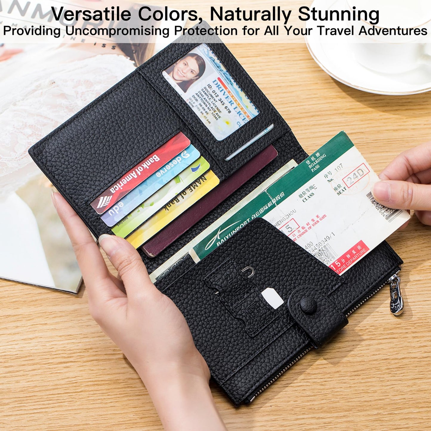 Genuine Leather RFID Blocking Passport Holder Wallet, Multi-Functional Travel Document Organizer with SIM Card Slots (Black)
