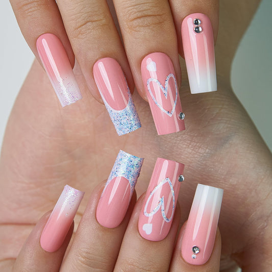 CurvLife Press On Nails – 30Pcs Soft Gel Fake Nails, Reusable Glue On Nail Kit with Adhesive Tabs, Natural Fit & Salon-Quality for Women & Girls (Sparkling Heart Ombre)