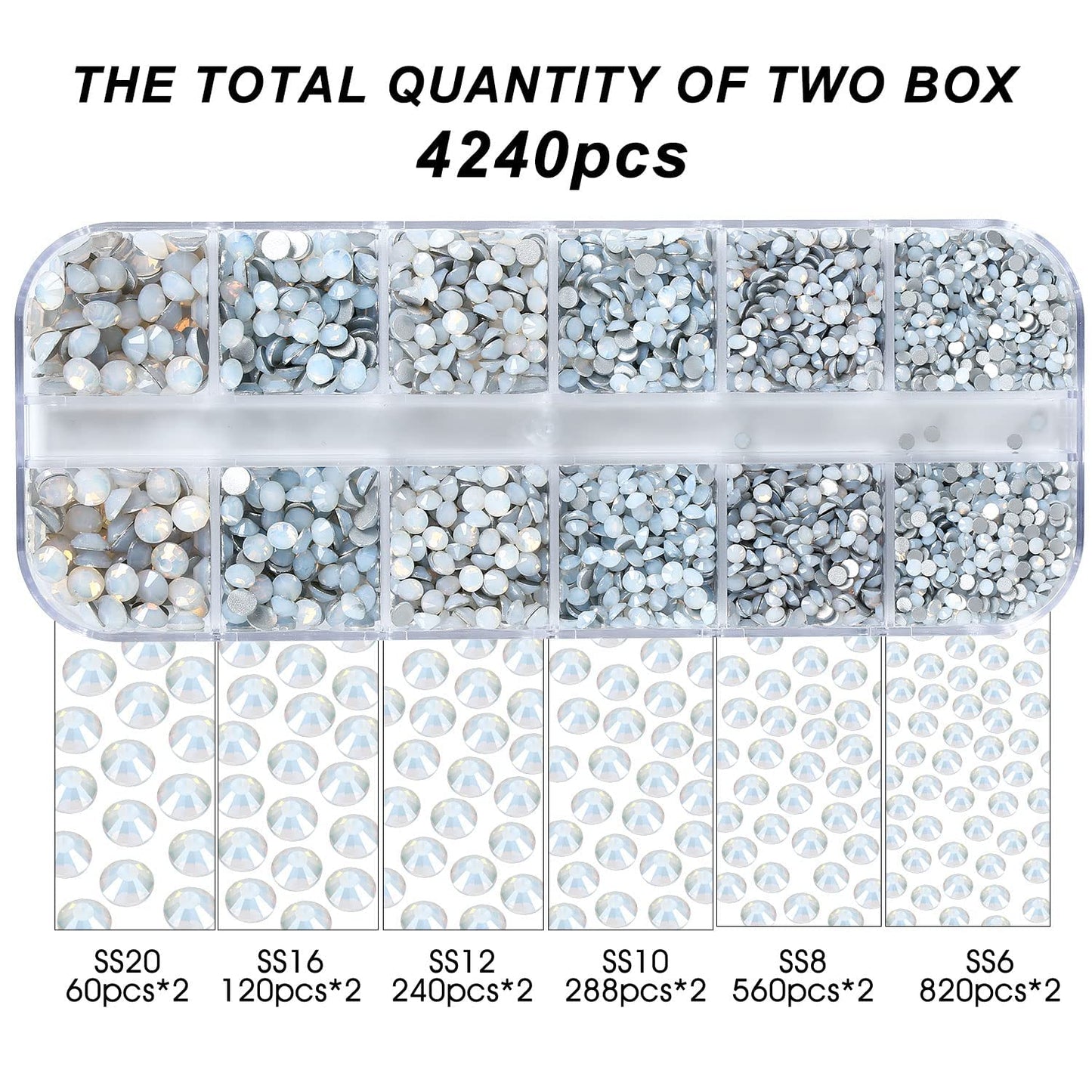 Meibite White Opal Glass Flatback Rhinestones for Nails, Crafts & Clothes – 4240PCS 6 Sizes (SS6–SS20) Crystal Gems Kit with Tweezers & Picker, Non Hotfix DIY Rhinestones for Tumblers, Shoes, Nail Art
