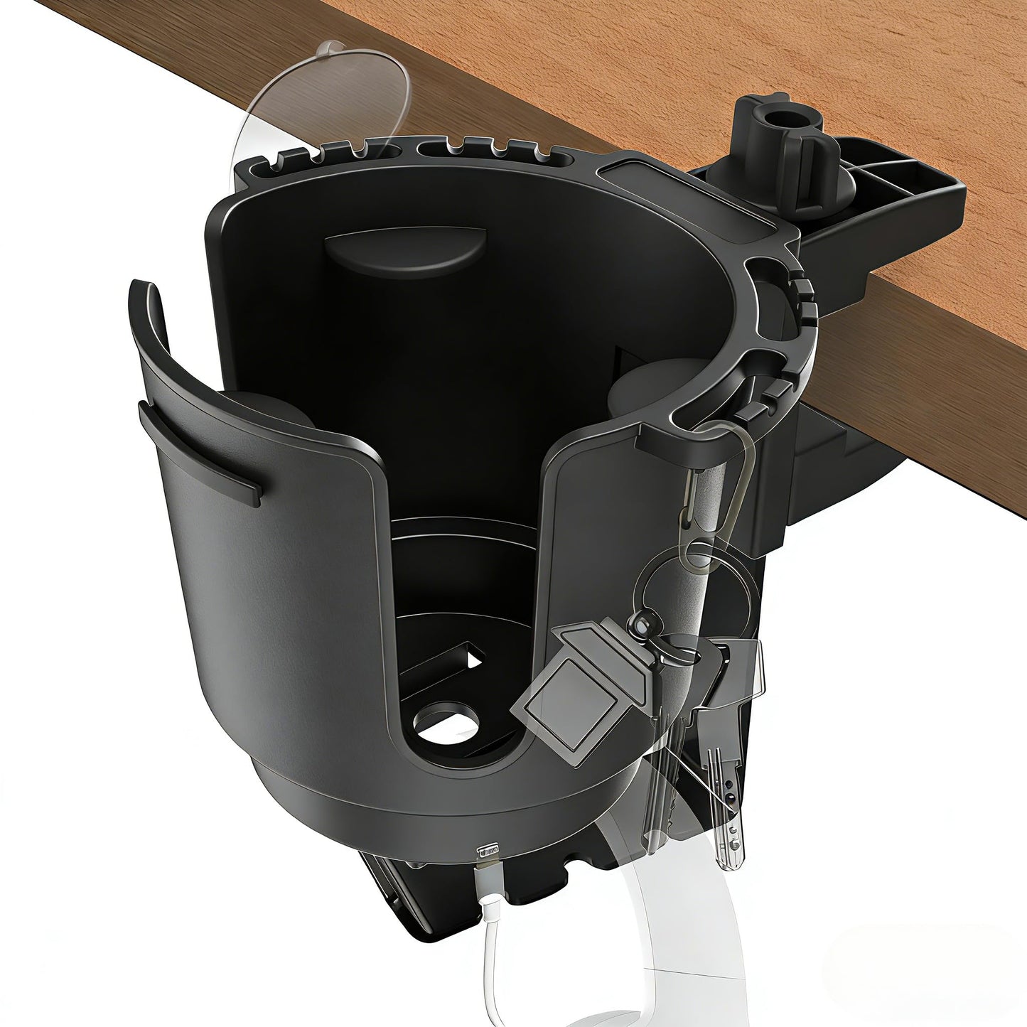 Desk Cup Holder with Headphone Hanger, Clip on Cup Holders for Desks with Spill-Proof Cup Design, Easy to Install, Enough to Hold 8-28OZ Coffee Cups, Water Bottles. (Black, Large)