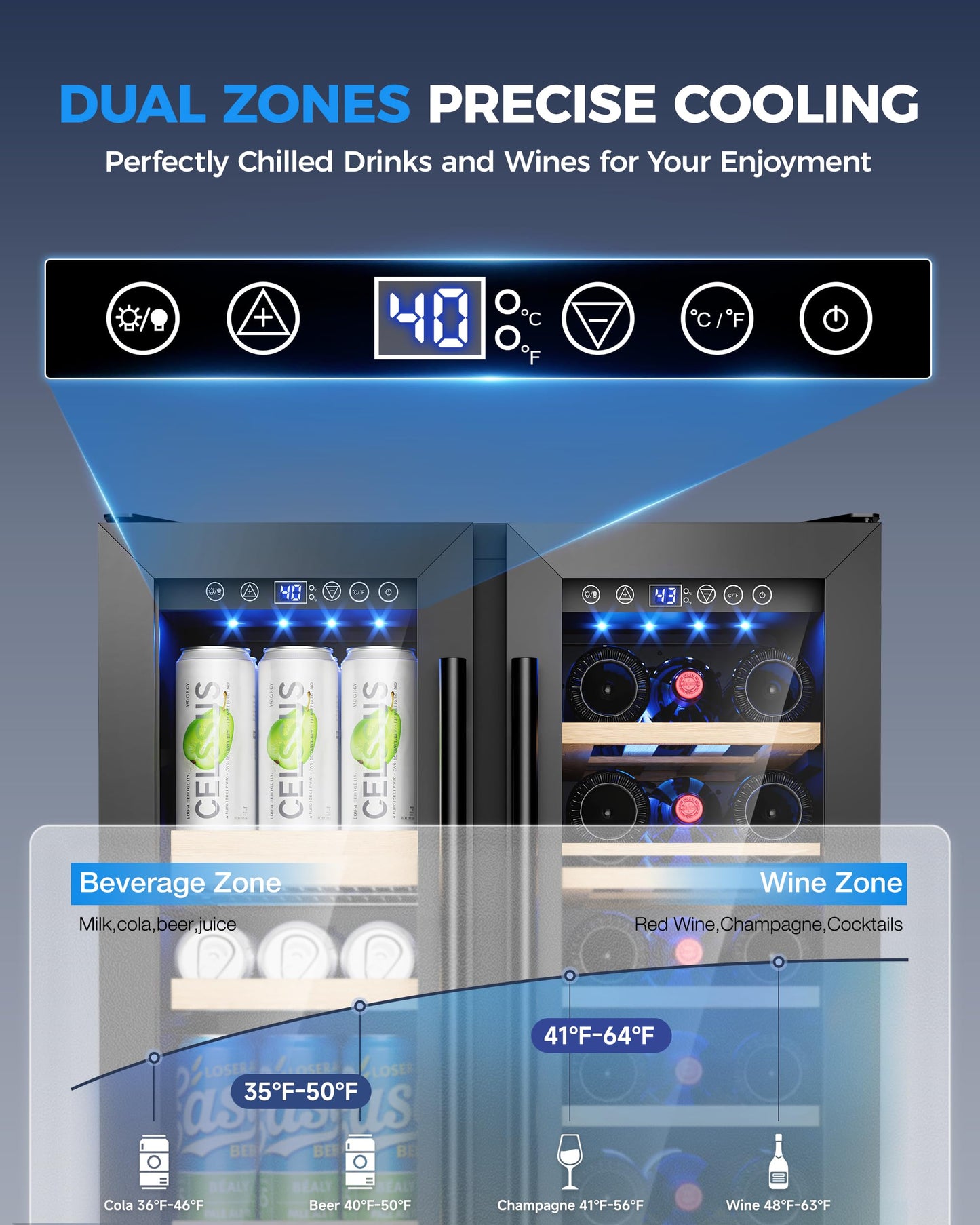 ICEVIVAL Wine and Beverage Refrigerator, 24 Inch Built-In Wine Fridge with Glass Door, Holds 20 Wine Bottles & 60 Cans, Under Counter Refrigerator with Quiet Cooling System & Blue LED Light(Black)