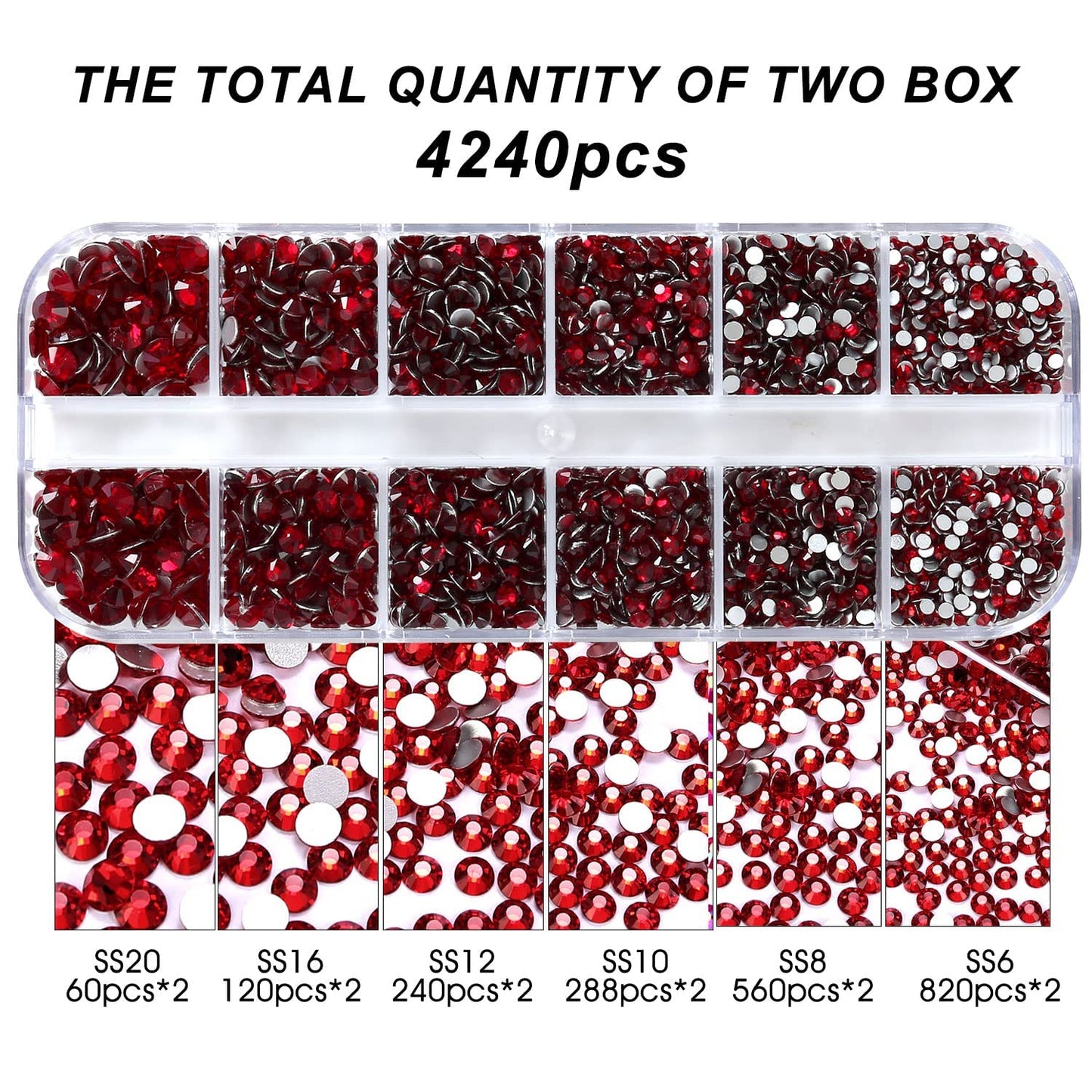 Meibite Siam Glass Flatback Rhinestones for Nails, Crafts & Clothes – 4240PCS 6 Sizes (SS6–SS20) Crystal Gems Kit with Tweezers & Picker, Non Hotfix DIY Rhinestones for Tumblers, Shoes, Nail Art