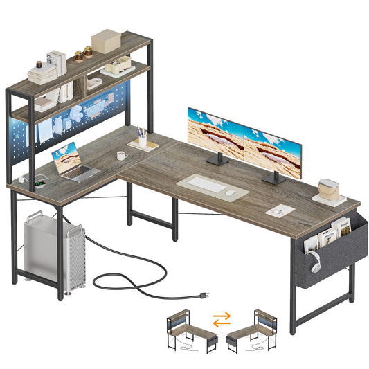 Mericonia 59 inch Large L Shaped Desk with Pegboard Hutch & Shelves, Corner Gaming Desk with Power Outlet, LED Light & Storage Bag, Reversible Computer Desk for Home, Bedroom, Office Workspace, Grey