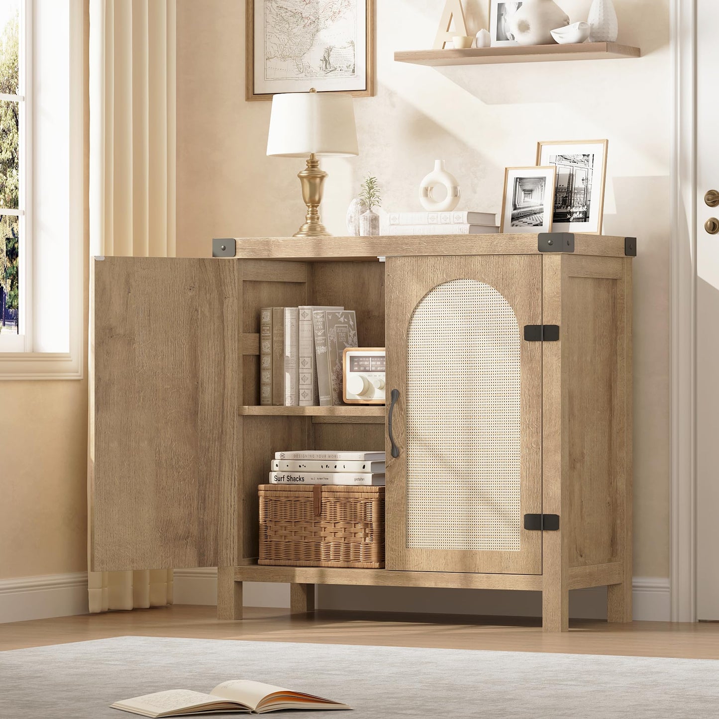 GarveeHome Rattan Sideboard Buffet Cabinets with Storage, Farmhouse Kitchen Accent Storage Cabinet, Boho Wooden Coffee Bar Cabinet for Dining Room, Living Room, Hallway, Natural